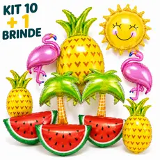 Kit 10 Balão Pool Party Tropical Frutas Metalizado Centro Mesa + Balão Grande Extra