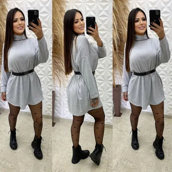 Vestido Feminino Lãzinha Gola Alta Cacharrel Manga Longa Poncho Max Blusão Vestido Curto Inverno Moda Feminina Casual Co