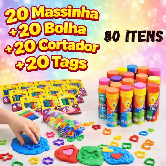 Kit 20 Cx Massinha de Modelar + 20 Bolha de Sabão + 20 Cortador + 20 tag Festa Lembrancinhas de aniversário Infantil