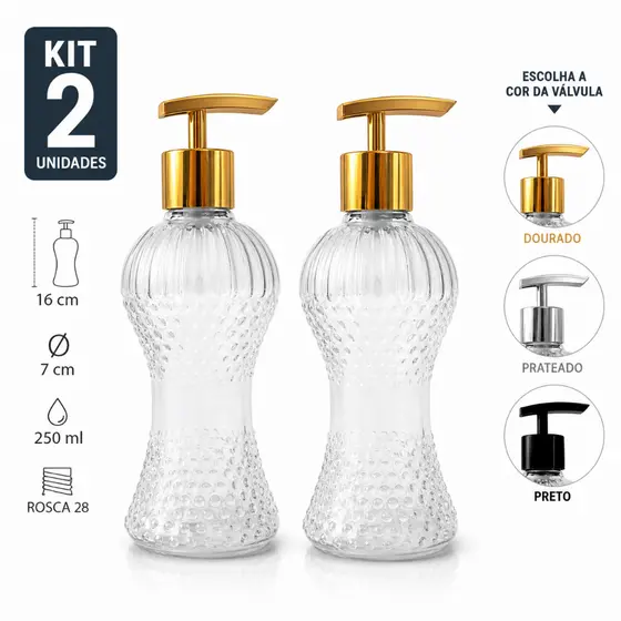 Kit 2 Frascos Saboneteira Vidro 250ml Dispenser Válvula Dourada Prata Preta Lavabo Banheiro Cozinha