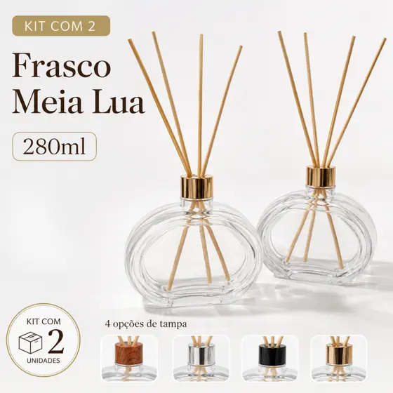 Kit 2 Frascos Difusor Meia Lua 280ml Vidro Aromatizador Ambientes com Varetas e Tampa Luxo