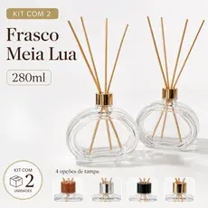 Kit 2 Frascos Difusor Meia Lua 280ml Vidro Aromatizador Ambientes com Varetas e Tampa Luxo