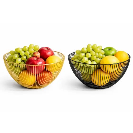 Fruteira de Metal Moderna 25cm | Cesto Decorativo Preto ou Dourado | Centro de Mesa Elegante