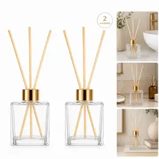 Kit 2 Frascos Cubo 250ml para Difusor Aromatizador de Ambiente em Vidro Transparente 8 Varetas Lavabo Sala Decoração
