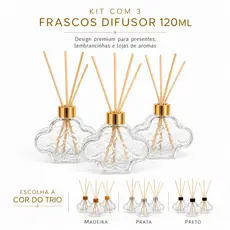 Kit 3 Frascos Difusor 120ml Vidro Decorativo Varetas Aromatizador Ambiente Lembrancinha Presente