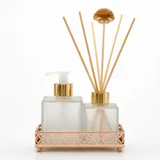 Kit Lavabo Presente Luxo Saboneteira e Difusor de Aromas com Bandeja Espelhada – Decoração Banheiro Casa Nova Casamento