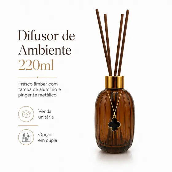 Kit Difusor Aromatizador de Ambiente 220ml Vidro Âmbar Decorativo com Tampa Dourada Sala, Quarto, Banheiro e Lavabo