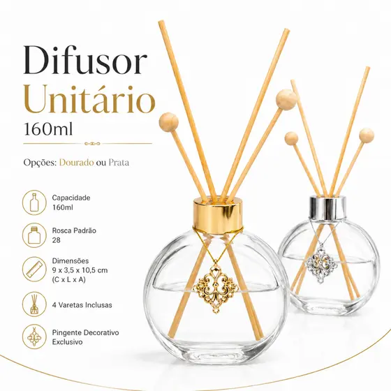 Difusor de Ambiente Vidro 160ml Rosca 28 Tampa Prata ou Dourada – Frasco Aromatizador Decorativo