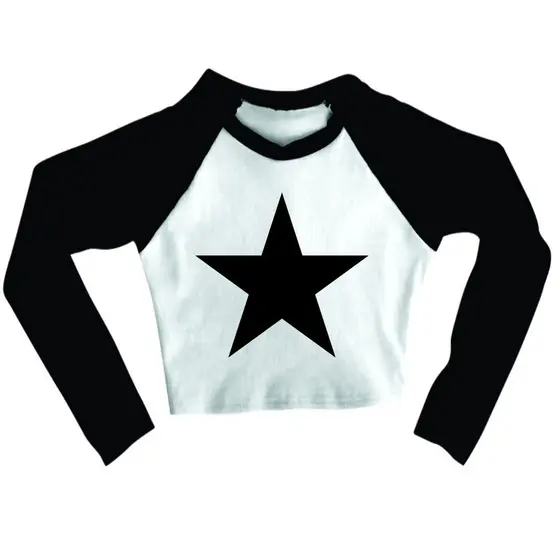 Cropped Raglan inverno Feminino Tumblr blogueira super jao estrela feminina manga longa