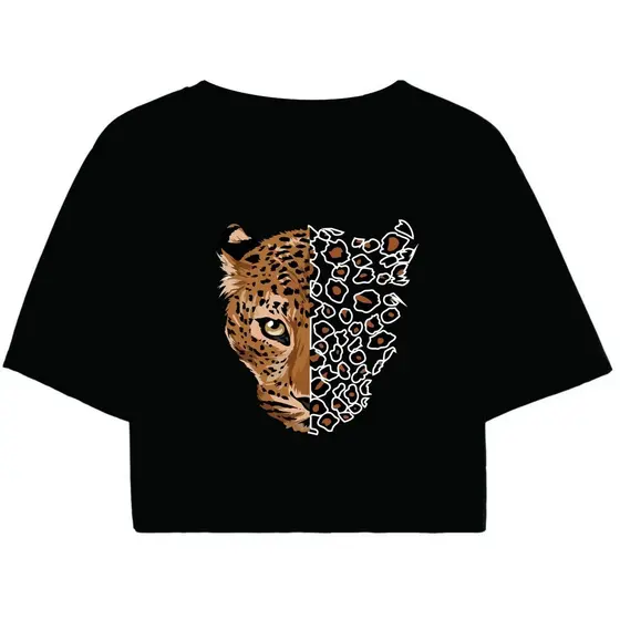 Cropped Feminino Preto Tumblr blogueira Onça Animal Print feminina manga curta