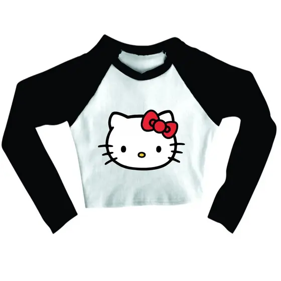 Cropped Raglan inverno Feminino Tumblr blogueira hello kitty rosto feminina manga longa