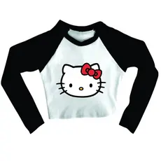 Cropped Raglan inverno Feminino Tumblr blogueira hello kitty rosto feminina manga longa
