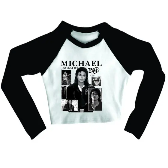 Cropped Raglan inverno Feminino Tumblr blogueira Michael Jackson  lenda feminina manga longa