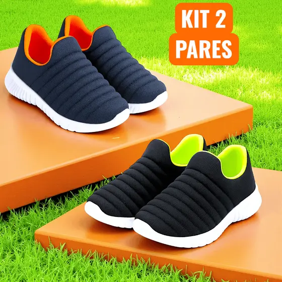 Kit 2 Pares Tênis Infantil Menino Calce Facil Confortável Macio Sapato Escolar Sola Antiderrapante