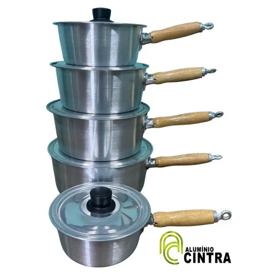 Jogo De Panela Polido Aluminio Grosso Cabo Madeira 5 peças 16cm ao 24cm Antigo Fogão Lenha