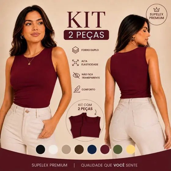 KIT 2 BLUSINHAS REGATAS FEMININA SUPLEX FORRO DUPLO BASICA  ELEGANTE