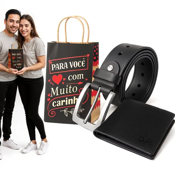 Kit Presente Homem Dia Dos Pais Cinto Social Masculino Ajustável Sintético + Carteira Texturizada