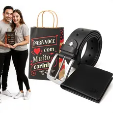 Kit Presente Homem Dia Dos Pais Cinto Social Masculino Ajustável Sintético + Carteira Texturizada