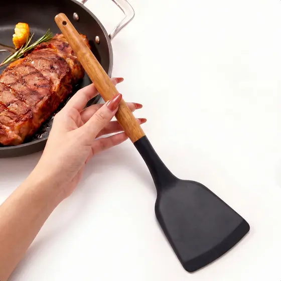 Espátula De Silicone Reta Reforçada Cabo De Madeira Grande Multiuso Culinária Cozinha
