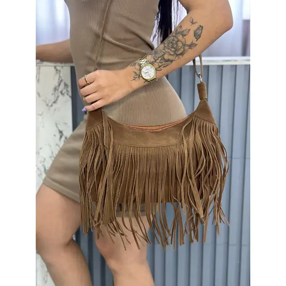 Bolsa feminina de franja camurça com alça transversal de regulagem lançamento boho chick