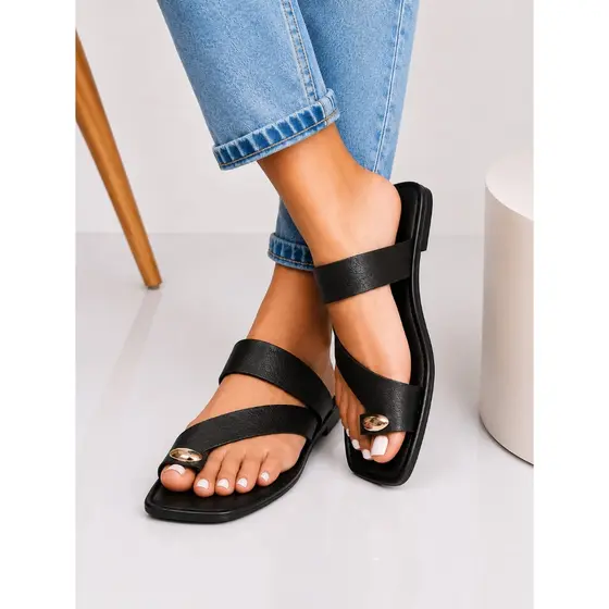 Sandalia rasteira feminina luxo elegante com detalhe em metal no dedo leve confortável moderna rasteirinha feminina