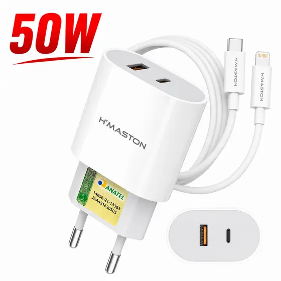 Carregador iPhone Turbo 50W H’MASTON Tipo C + Cabo Lightning