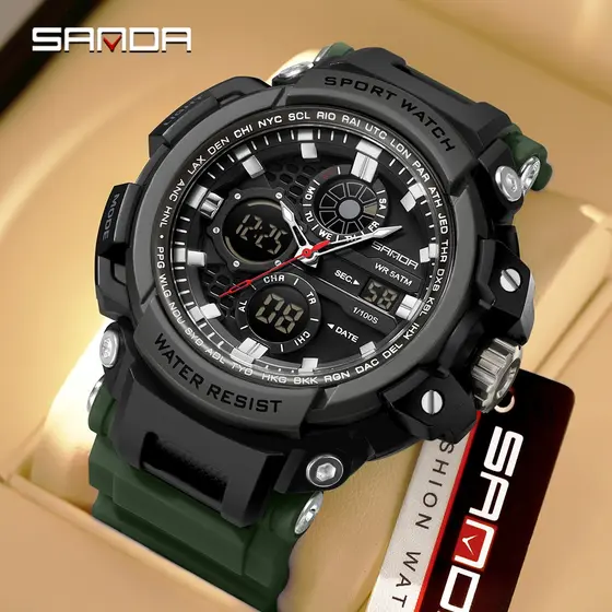 SANDA Novo 3390 Moda Luxo Relógio Eletrônico Masculino Esportes Multifuncional À Prova D'água LED Night Light-8