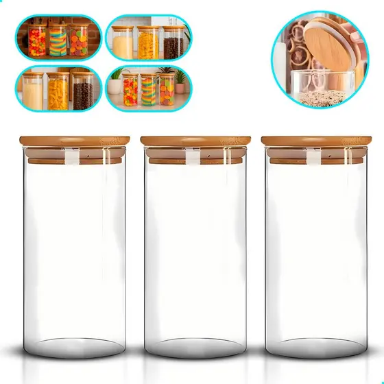 Kit Pote Hermético Vidro Tampa Bambu 1000ml Mantimentos  Transparente