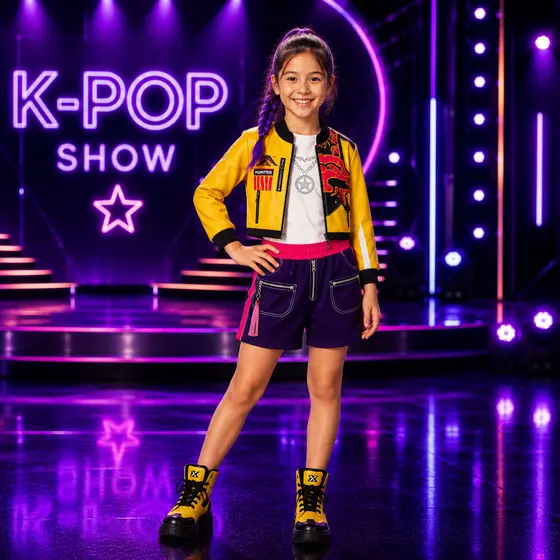 Fantasia Guerreiras Kpop Rumi Infantil Completa Amarela com Trança Roxa 30cm Cosplay Festa Show Menina