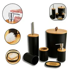 Kit Banheiro com Tampa de Bambu – Lixeira, Dispenser, Escova e Porta Escova Premium