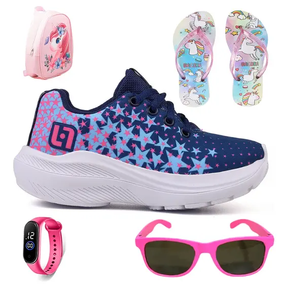 Kit Tênis Infantil Casual Meninas Escolar Basico Confortavel + Mochila + Chinelo + Oculos + Relogio