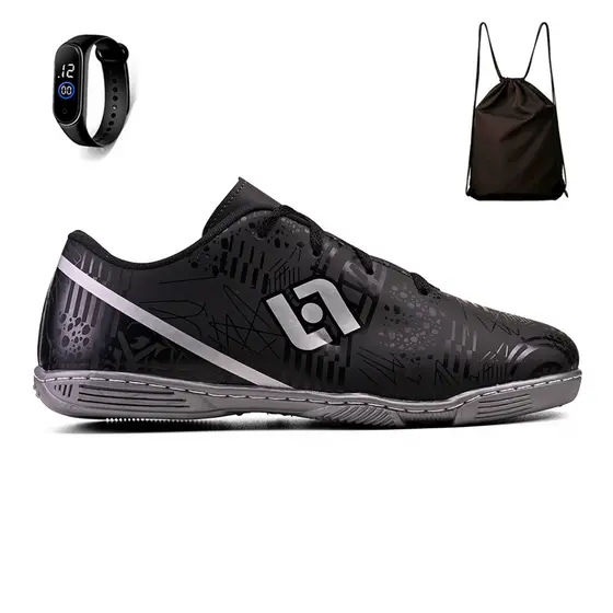 Kit Chuteira Infantil Futsal Futebol Salao Quadra Costurada Light + Mochila e Relogio