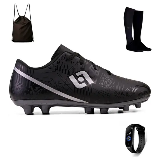 Kit Chuteira Infantil Costurada Futebol Campo Trava Light + Mochila + Meiao e Relogio