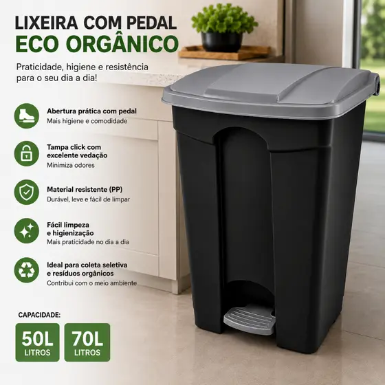 Lixeira Quadrada 50L ou 70L com Pedal e Tampa | Moderna Resistente para Cozinha Banheiro Escritório