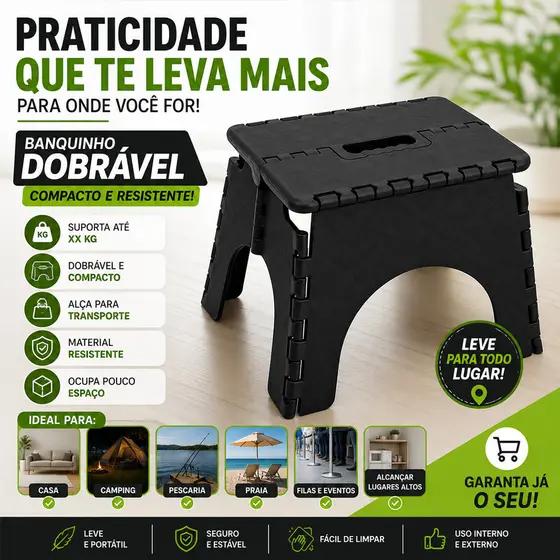 Banqueta Banquinho Dobrável De Plástico Até 100 Kg Resistente Para Viagem