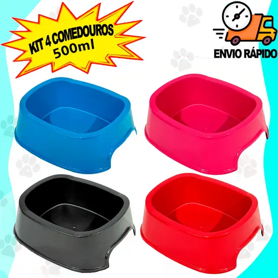 Kit 4 Comedouros Pote de Ração e Água Médio Porte 500ML Comedouro Cachorro Gato