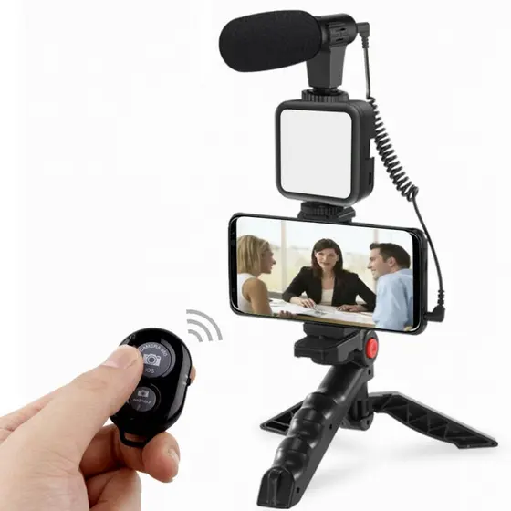 KIT Smartphone Vlog Kit De Vídeo Com Tripé Microfone Led Luz Suporte Do Telefone Controle Remoto TOP