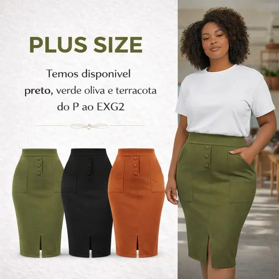 Saia Plus Size Feminina Midi Social Com Fenda Tecido Crepe Confortável Moda Evangelica Moda Maior