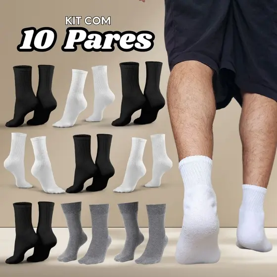 Kit 10 Pares Meias Cano Alto Algodão Esportiva Longo Médio Masculina e Feminina Original Cores Preto Branco e Cinza