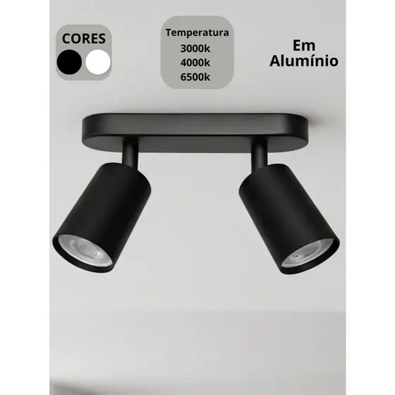 Spot Duplo Sobrepor Alumínio Direcionável MR16 Com 2 Lâmpadas GU10 Preto ou Branco