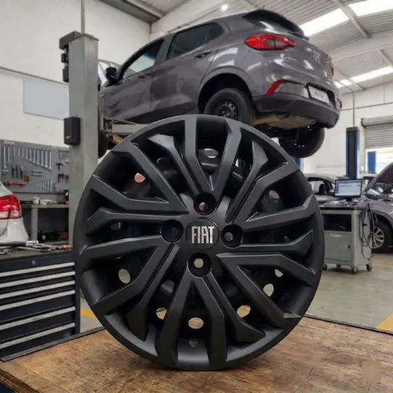 Jogo 4 Calotas Aro 15 Fiat Argo Cronos Mobi Palio + Emblema Carlota Esportiva Prata Preto Fosco Black Piano Grafite