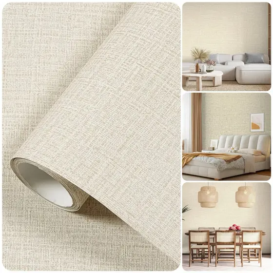 Papel de Parede Adesivo Modelo Linho Bege 5 Metros 3D Para Decoração de Sala, Quarto