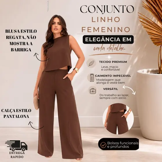Conjunto Feminino Social Casual Pantalona  Com bolso laterales e Regata premium Linho Elegante