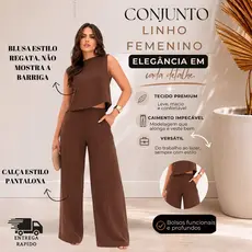 Conjunto Feminino Social Casual Pantalona  Com bolso laterales e Regata premium Linho Elegante