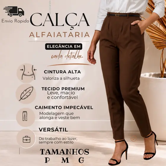 Calça Alfaiataria Feminina Premium Cintura Alta Com Cinto de Couro Zíper Lateral Elegante