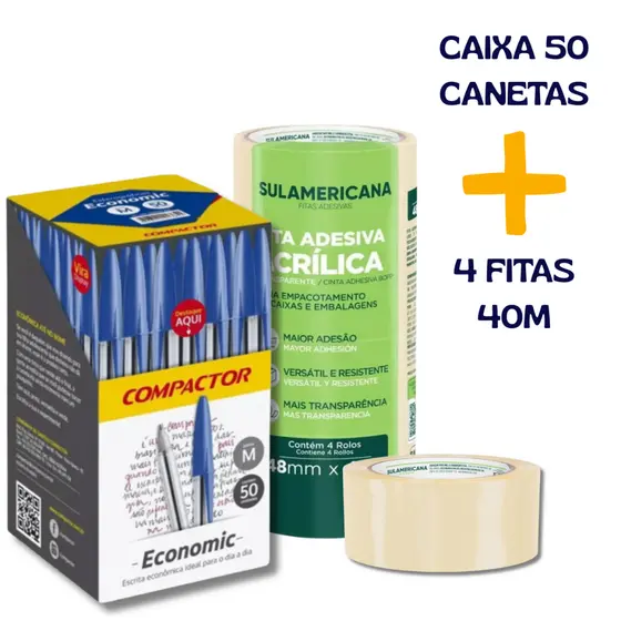 Kit Caixa 50 Canetas Esferográficas Compactor e 4 Rolos Fita Adesiva Sulamericana 40mt