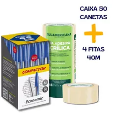 Kit Caixa 50 Canetas Esferográficas Compactor e 4 Rolos Fita Adesiva Sulamericana 40mt