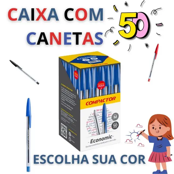 Caixa 50 Canetas Originais Compactor Economic Esferográficas 1mm Azul Preta e Vermelha
