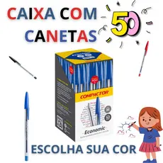 Caixa 50 Canetas Originais Compactor Economic Esferográficas 1mm Azul Preta e Vermelha