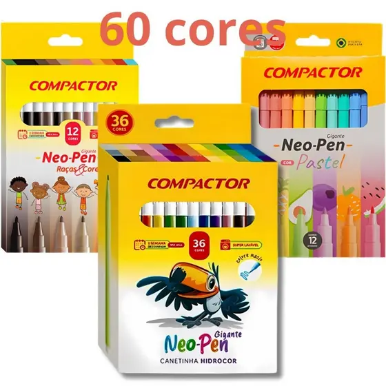 Kit 60 Canetinhas Hidrográficas-36 básicas+12Tom Pastel+12Tons Pele Neo Pen Gigante 2mm